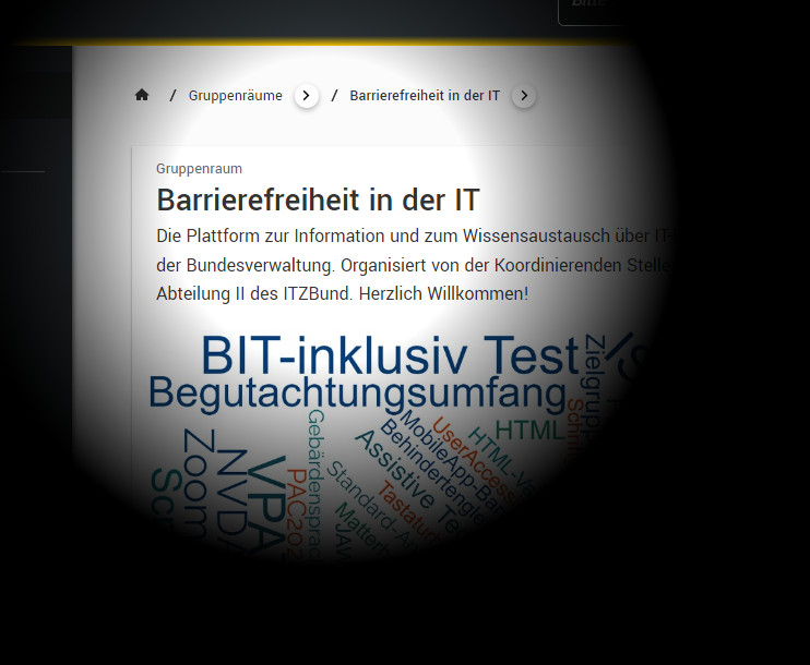 Mit einem Disability-Simulator wird ein peripherer Sehverlust simuliert. Gezeigt wird ein Blick auf die Startseite »Barrierefreiheit in der IT«. Aufgrund der Simulation ist nur noch ein kleiner runder Ausschnitt des kompletten Bildschirms zu sehen. Der Rest ist dunkel.