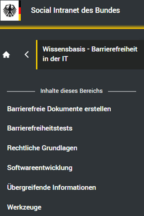 Der Screenshot zeigt den Aufbau der Wissensbasis. Sie enthält die Menüpunkte: Barrierefreie Dokumente erstellen, Barrierefreiheitstests, rechtliche Grundlagen, Softwareentwicklung, übergreifende Informationen, Werkzeuge