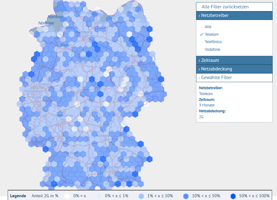 Darstellung der Bundesrepublik Deutschland mit Netzabdeckung des Anbieters Telekom.