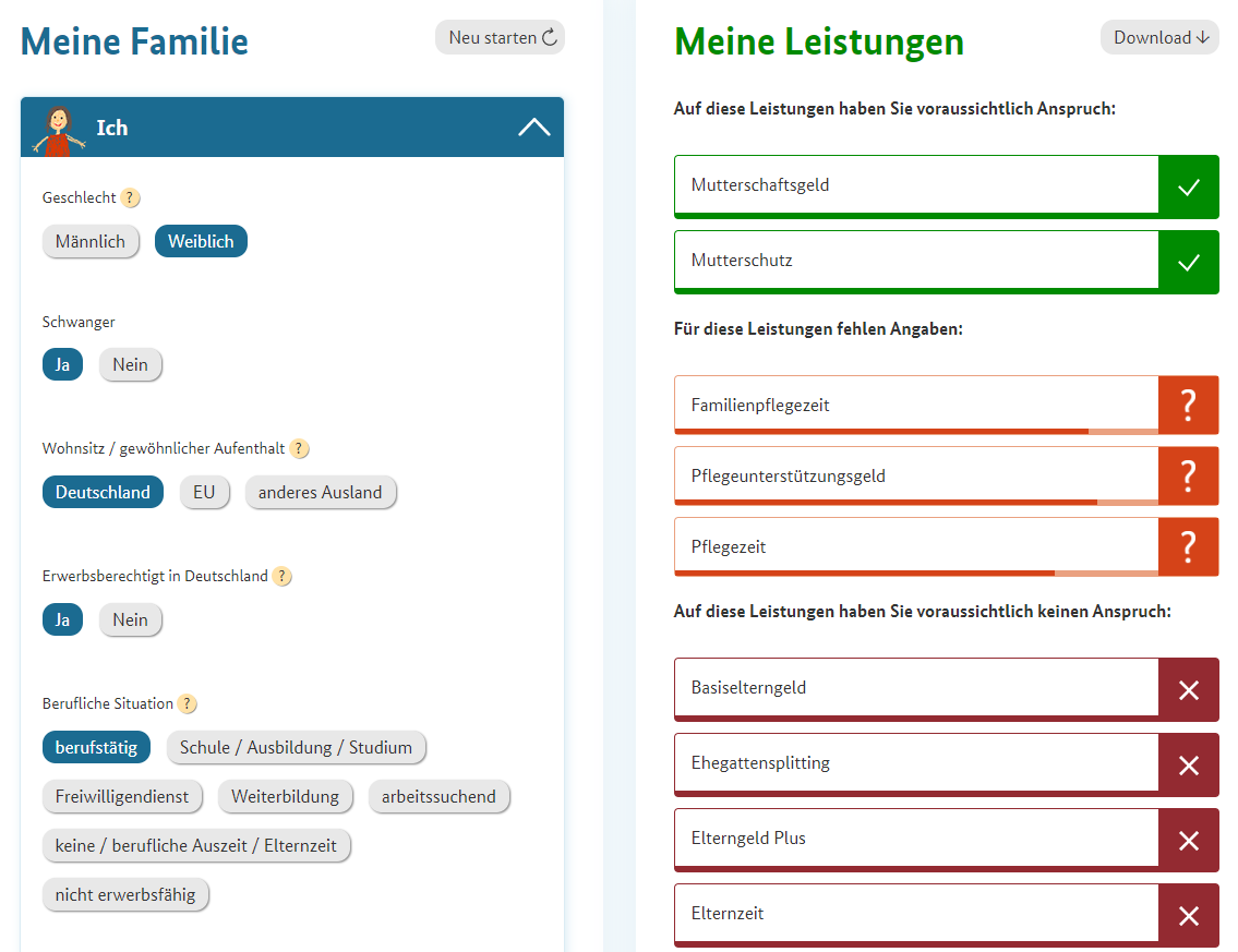 Auf der linken Seite beschreiben Nutzer:innen ihre Familie. Auf der rechten Seite gibt es eine Übersicht zu den Leistungen. Quelle: BMFSFJ Screenshot des Infotools Familie. Auf der linken Seite beschreiben Nutzer:innen ihre Familie. Auf der rechten Seite gibt es eine Übersicht zu den Leistungen. Quelle: BMFSFJ