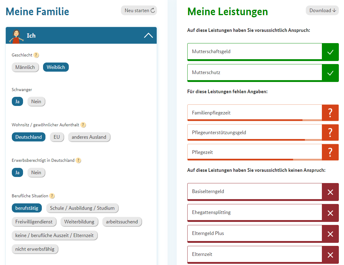 Screenshot des Infotools Familie. Auf der linken Seite beschreiben Nutzer:innen ihre Familie. Auf der rechten Seite gibt es eine Übersicht zu den Leistungen. Quelle: BMFSFJ