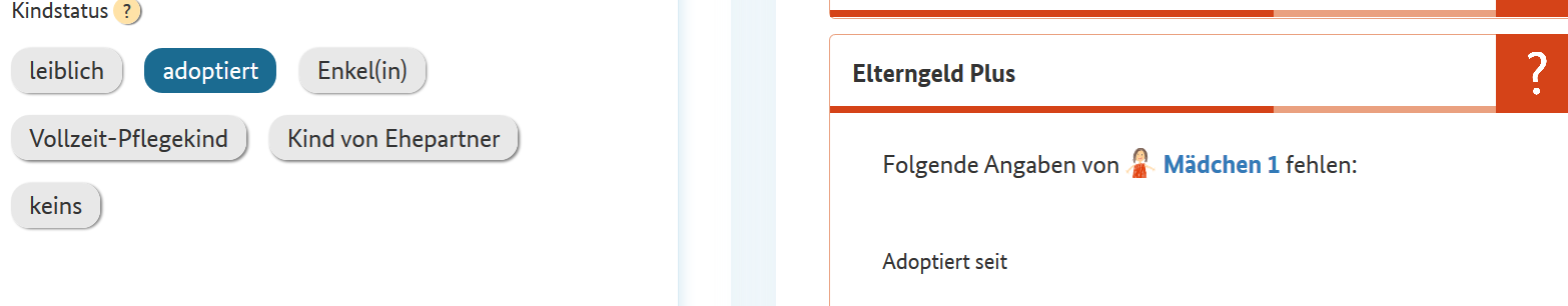 Bei einem Click auf die einzelnen Leistungen wird angezeigt, welche Angaben noch erforderlich sind. Quelle: BMFSFJ Screenshot des Infotools Familie. Bei einem Click auf die einzelnen Leistungen wird angezeigt, welche Angaben noch erforderlich sind. Quelle: BMFSFJ