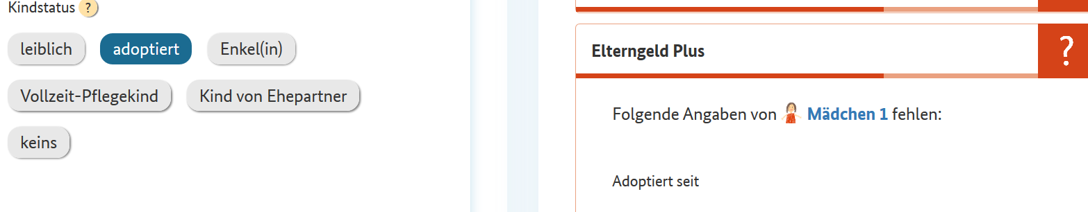 Screenshot des Infotools Familie. Bei einem Click auf die einzelnen Leistungen wird angezeigt, welche Angaben noch erforderlich sind. Quelle: BMFSFJ