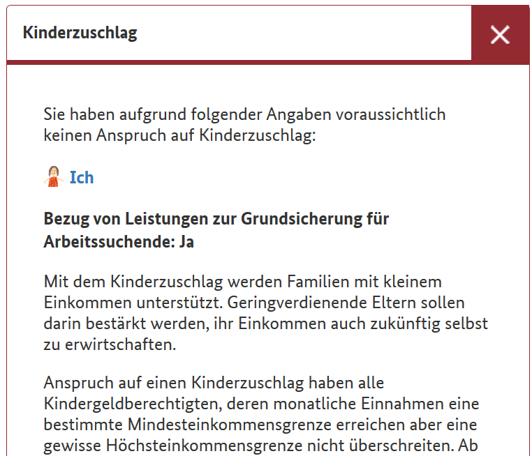 Screenshot des Infotools Familie. Quelle: BMFSFJ Das Tool zeigt an, aufgrund welcher Angaben möglicherweise kein Anspruch auf eine bestimmte Leistung besteht.