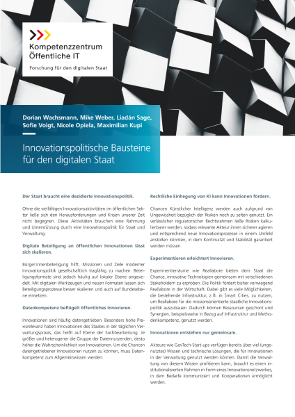 Titelbild der Publikation Innovationspolitische Bausteine für den digitalen Staat