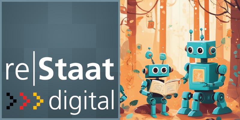 ai generated illustration of happy robots reading about the myths of digitalisation in a beautiful forest.