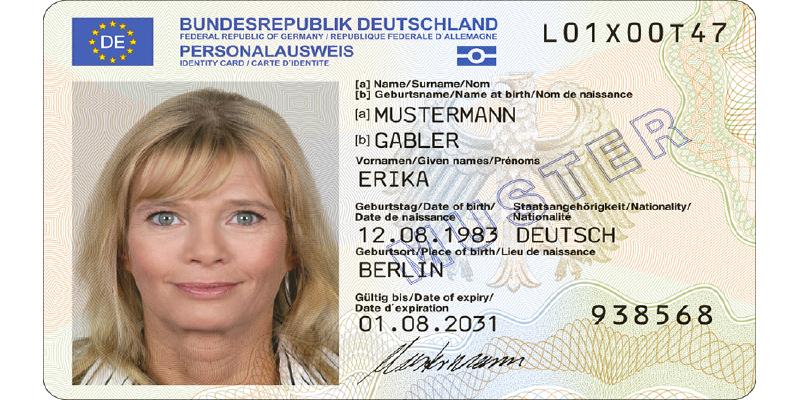 Vorderseite des Muster-Personalausweises mit Erika Mustermann