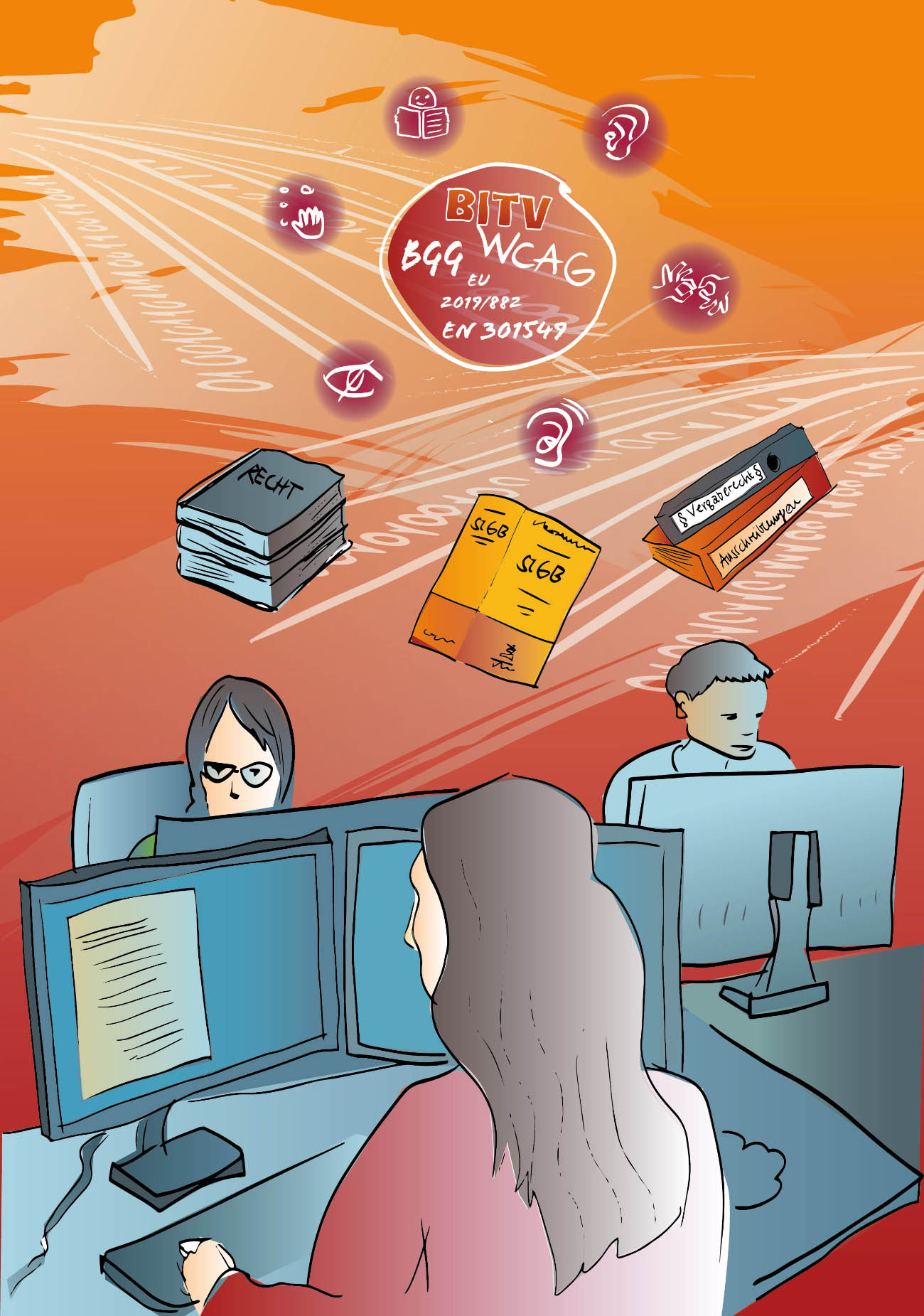 Schmuckgrafik 3: Das Bild ist eine Collage gezeichneter Figuren und Gegenstände. Der Hintergrund des Bildes ist in orange und gelb gehalten. Im Vordergrund des Bildes sitzen zwei Frauen und ein Mann an jeweils einem Computer. Eine Frau mit langen, braunen Haaren und blass rotem Pullover sitzt mit dem Rücken zum Betrachtenden. Die andere Frau hat braunes, mittellanges Haar und trägt eine Brille. Sie sitzt der ersten Frau gegenüber. Neben ihr sitzt ein Mann in gleicher Richtung. Er trägt kurzes Haar und ein blaues Oberteil. Oberhalb der drei Personen befinden sich mittig im Bild von links nach rechts: Ein Stapel aus drei grauen Büchern, auf dem „Recht“ steht. Ein gelber, dicker Band des StGBs und zwei Büroordner, von denen der untere von dunkel oranger Farbe ist und die Aufschrift „Ausschreibungen“ trägt. Der darüber liegende Ordner ist grau und mit „Vergaberecht“ beschriftet. Oberhalb der Bücher und Ordner befindet sich ein Kreis, in dem sich relevante Normen und Schlagwörter der Barrierefreiheit befinden.