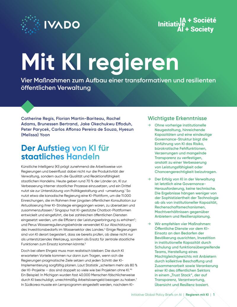 Titelseite der Publikation Mit KI regieren – Vier Maßnahmen zum Aufbau einer transformativen und resilienten öffentlichen Verwaltung