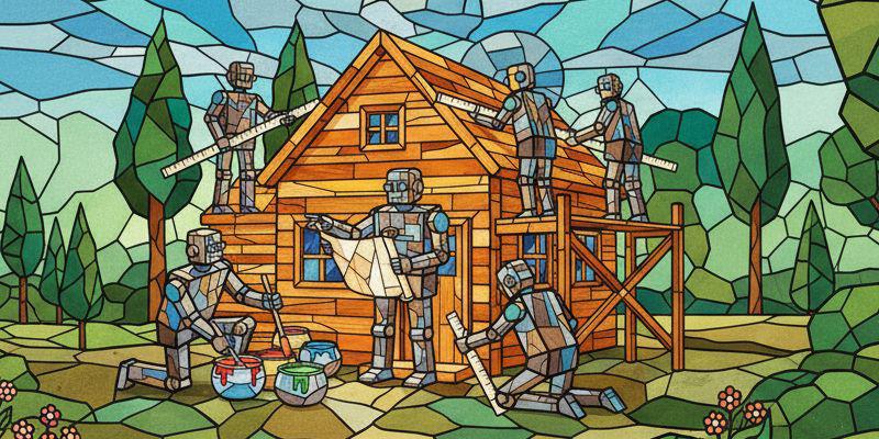 Das Bild im Mosaikstil zeigt ein Holzhaus an dem eine Handvoll humanoider Roboter gemeinsam eifrig arbeiten. Ein Roboter übernimmt die Funktion des Architekten, andere hantieren mit verschienden Farben, einige messen die Dimensionen aus.